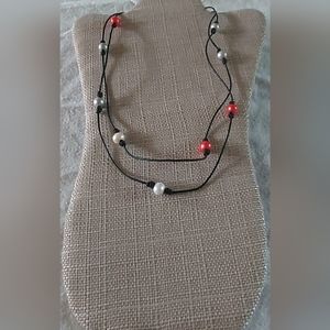 Handmade Red, Silver & White 12 Pearl & Black Leather Necklace
